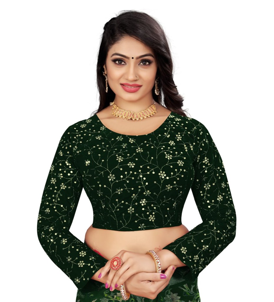 Women'sVelvet Embroidery Readymade Blouse (Green, Size: Free Size)