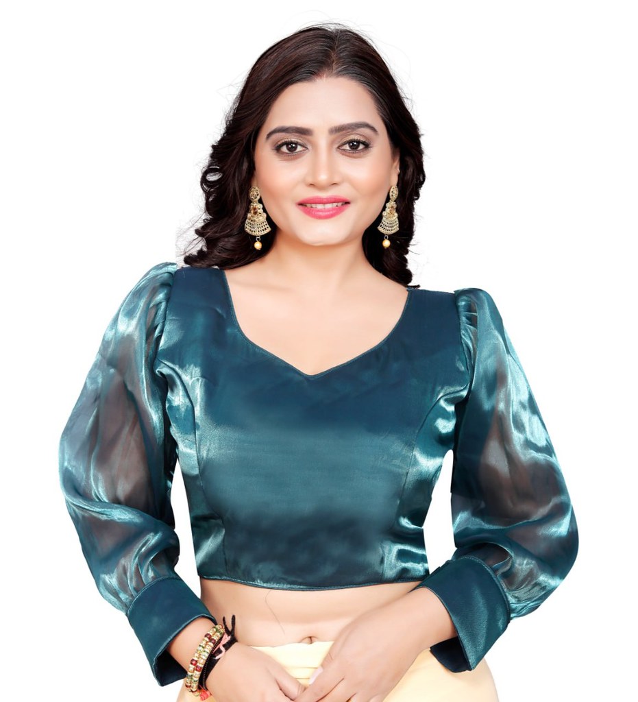 Women'sOrganza Plain Readymade Blouse (Teal, Size: Free Size)