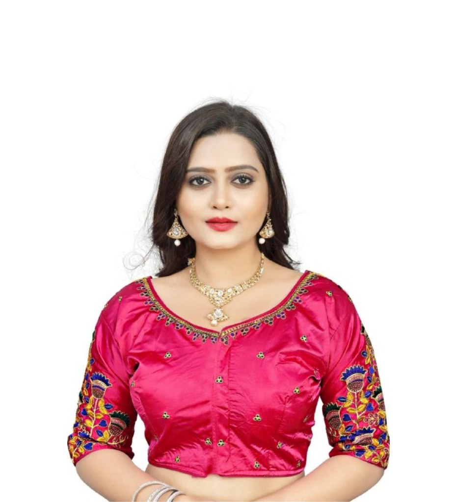 Women'sMalai Silk Floral Readymade Blouse (Pink, Size: Free Size)