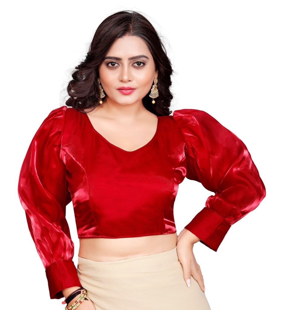 Women'sOrganza Plain Readymade Blouse (Red, Size: Free Size)