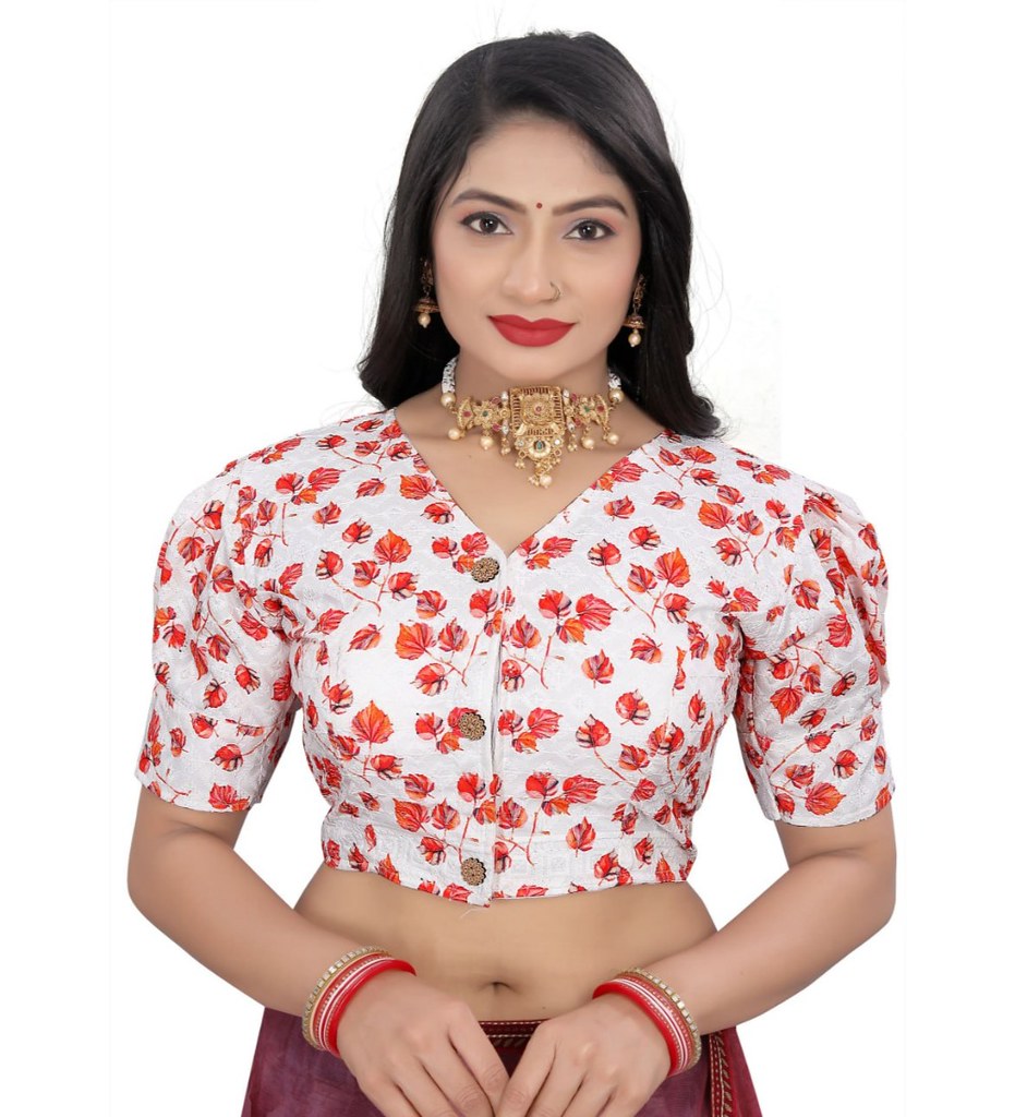 Women'sCotton Blend Floral Readymade Blouse (Red, Size: Free Size)