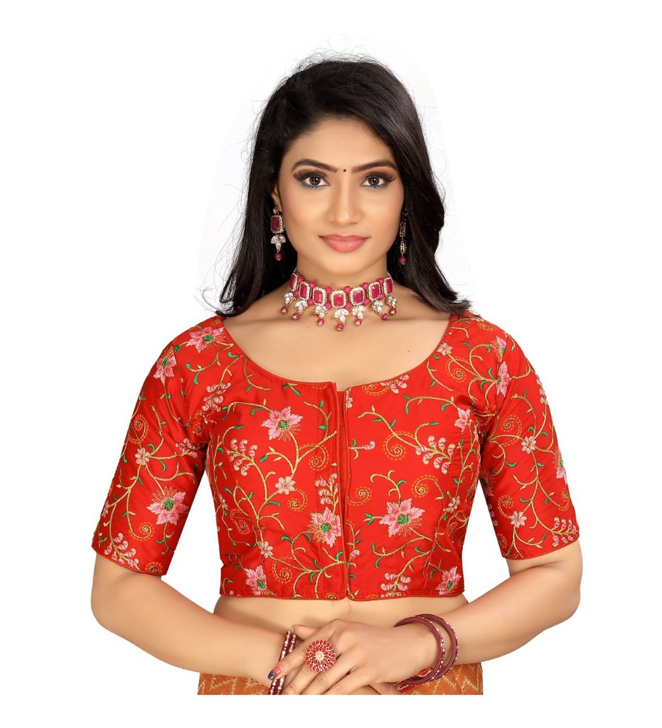 Women'sSatin Floral Readymade Blouse (Red, Size: Free Size)