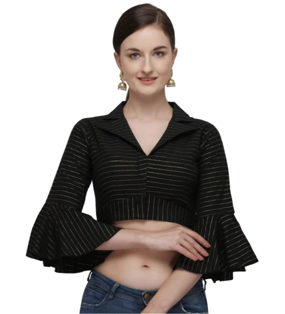 Women'sCotton Striped Readymade Blouse (Black, Size: Free Size)