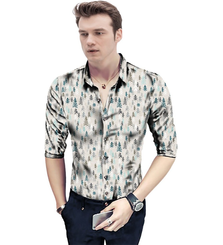 Men's Casual Floral Printed Cotton Blend Unstitched Shirt Fabric 1.6 Mtrs (Beige)