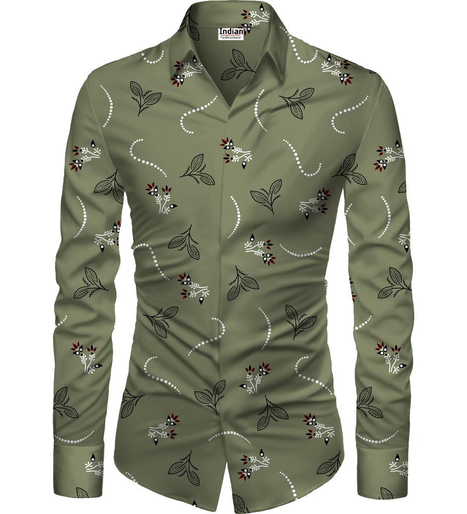 Men's Casual Floral Printed Cotton Blend Unstitched Shirt Fabric 1.6 Mtrs (Green)