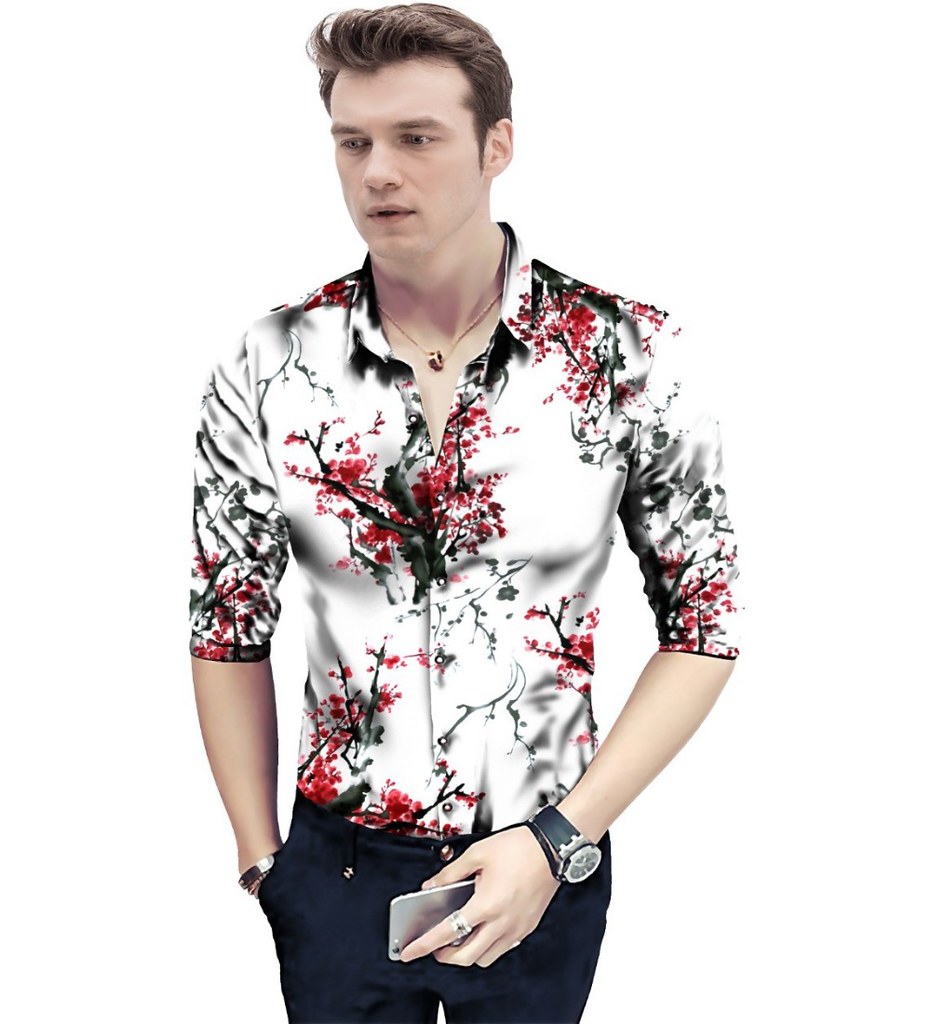 Men's Casual Floral Printed Cotton Blend Unstitched Shirt Fabric 1.6 Mtrs (Red-White)