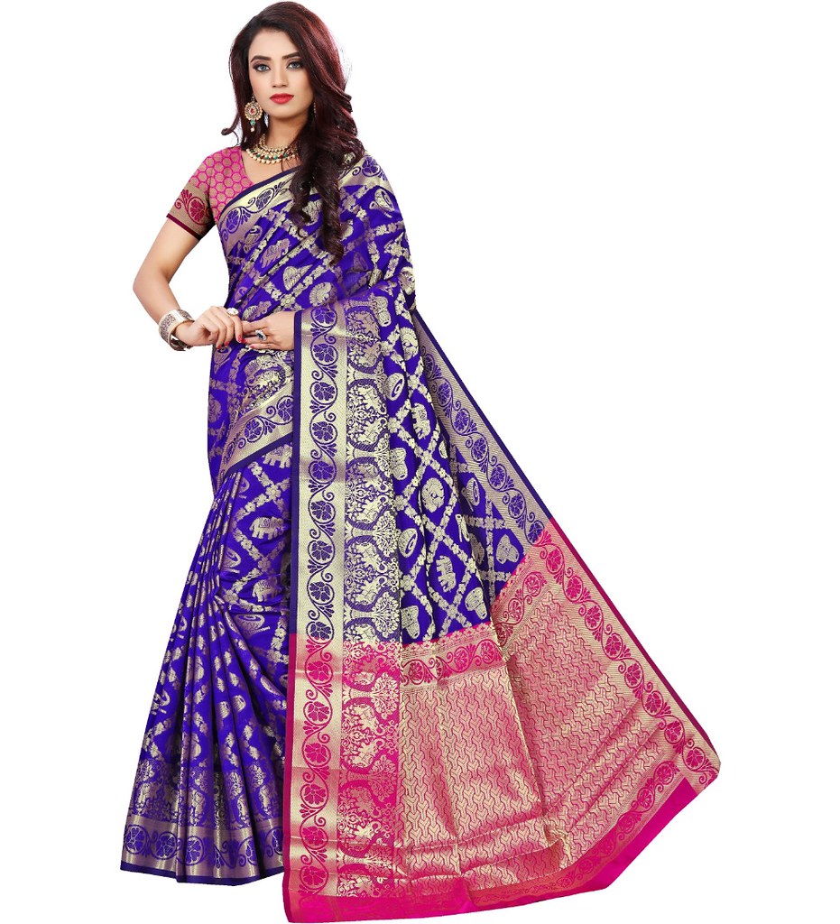Women's Jacquard Woven Saree With Unstitched Blouse 5.5Mtr (Blue)
