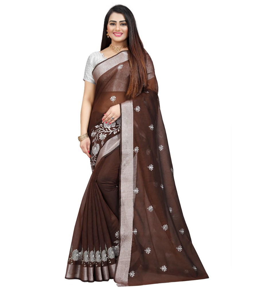 Women's Cotton Silk Embroidered Saree With Unstitched Blouse 5.5Mtr (Brown)