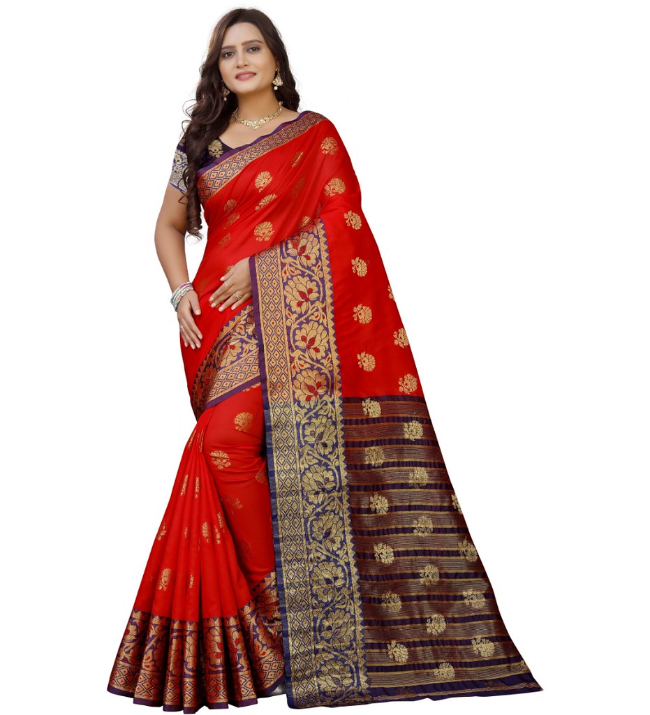 Women's Silk Blend Woven Saree With Unstitched Blouse 5.5Mtr (Purple-Red)