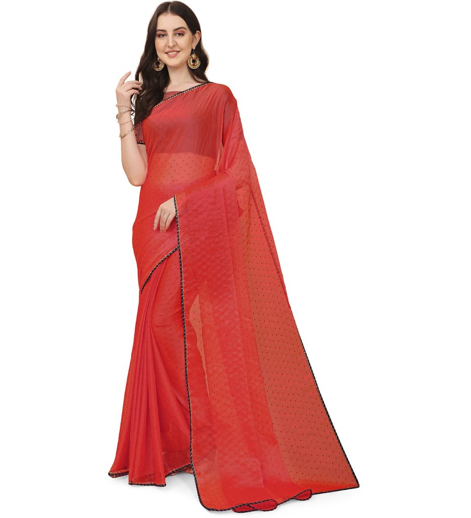 Women's Silk Blend Embellished Saree With Unstitched Blouse 5.5Mtr (Red)