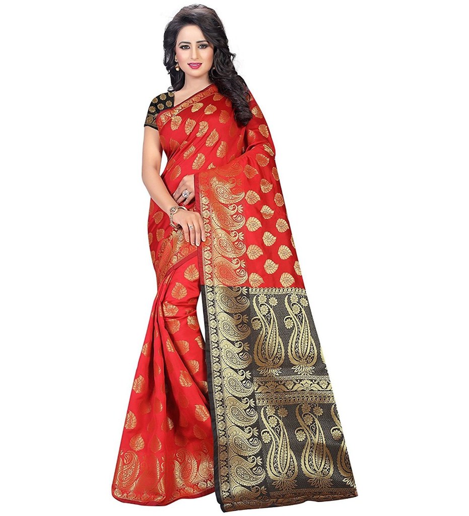 Women's Jacquard Woven Saree With Unstitched Blouse 5.5Mtr (Red)