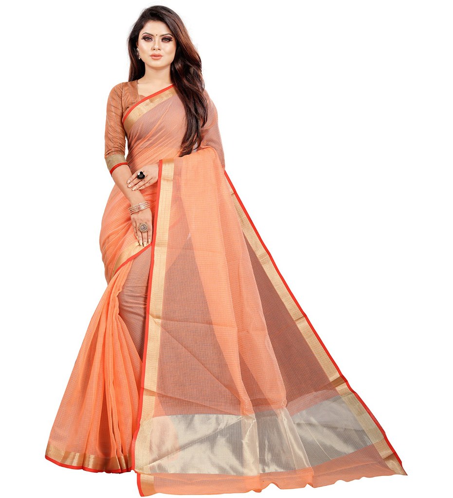 Women's Cotton Silk Checkered Saree With Unstitched Blouse 5.5Mtr (Orange)