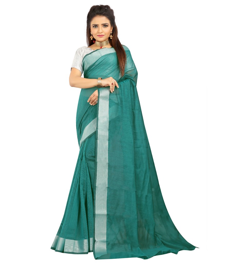 Women's Cotton Silk Self Design Saree With Unstitched Blouse 5.5Mtr (Dark Green)
