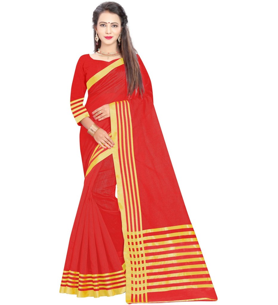 Women's Jacquard Striped Saree With Unstitched Blouse 5.5Mtr (Red)