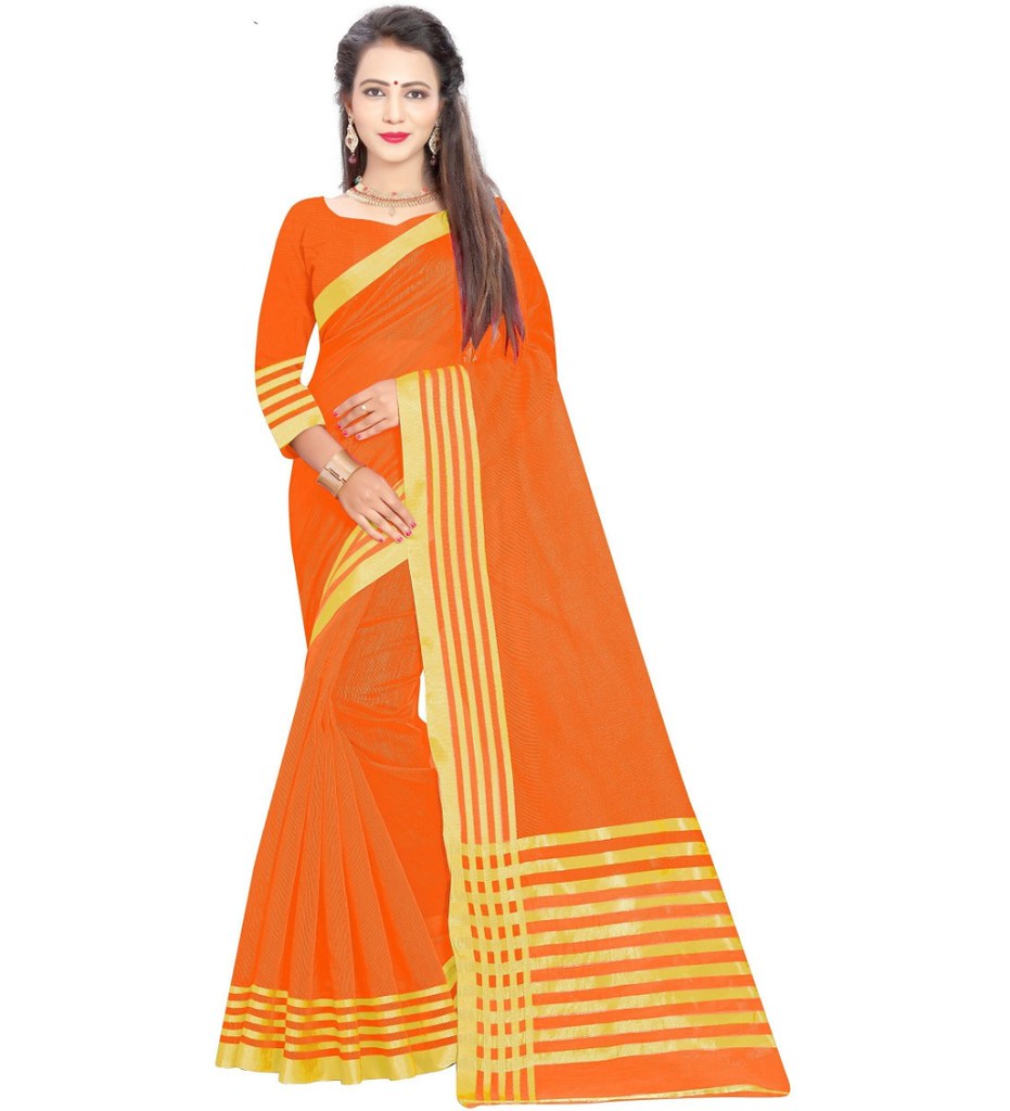 Women's Jacquard Striped Saree With Unstitched Blouse 5.5Mtr (Orange)
