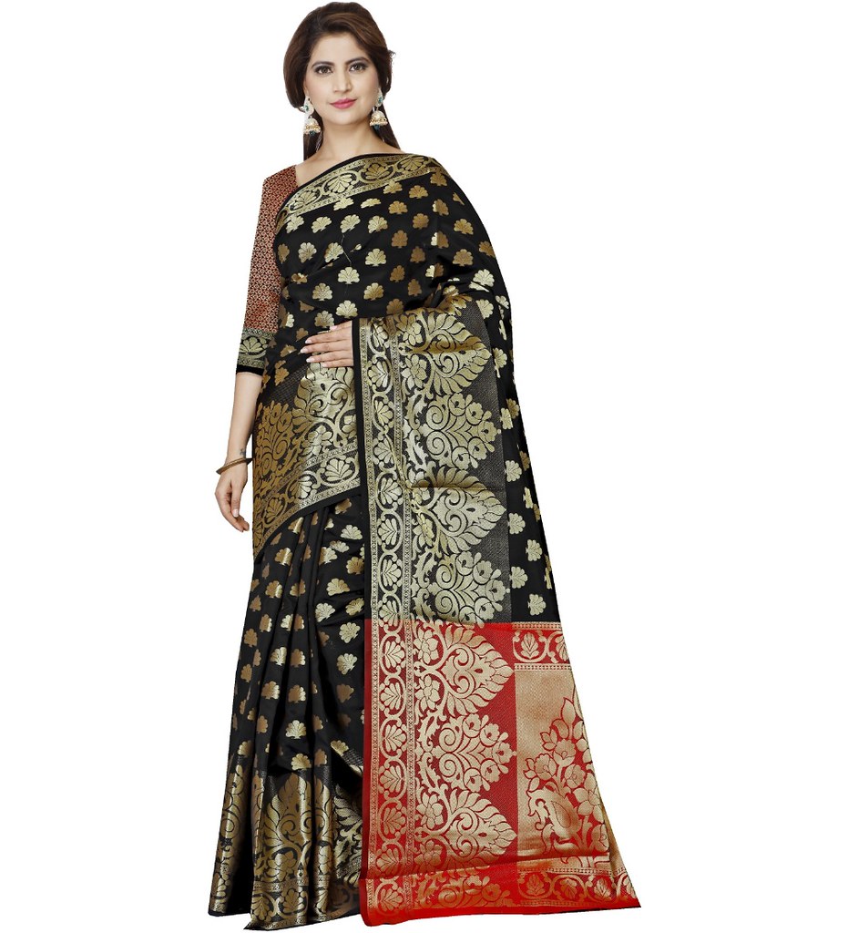 Women's Jacquard Woven Saree With Unstitched Blouse 5.5Mtr (Black)