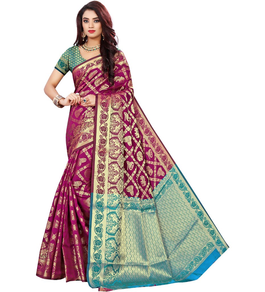 Women's Jacquard Woven Saree With Unstitched Blouse 5.5Mtr (Magenta)