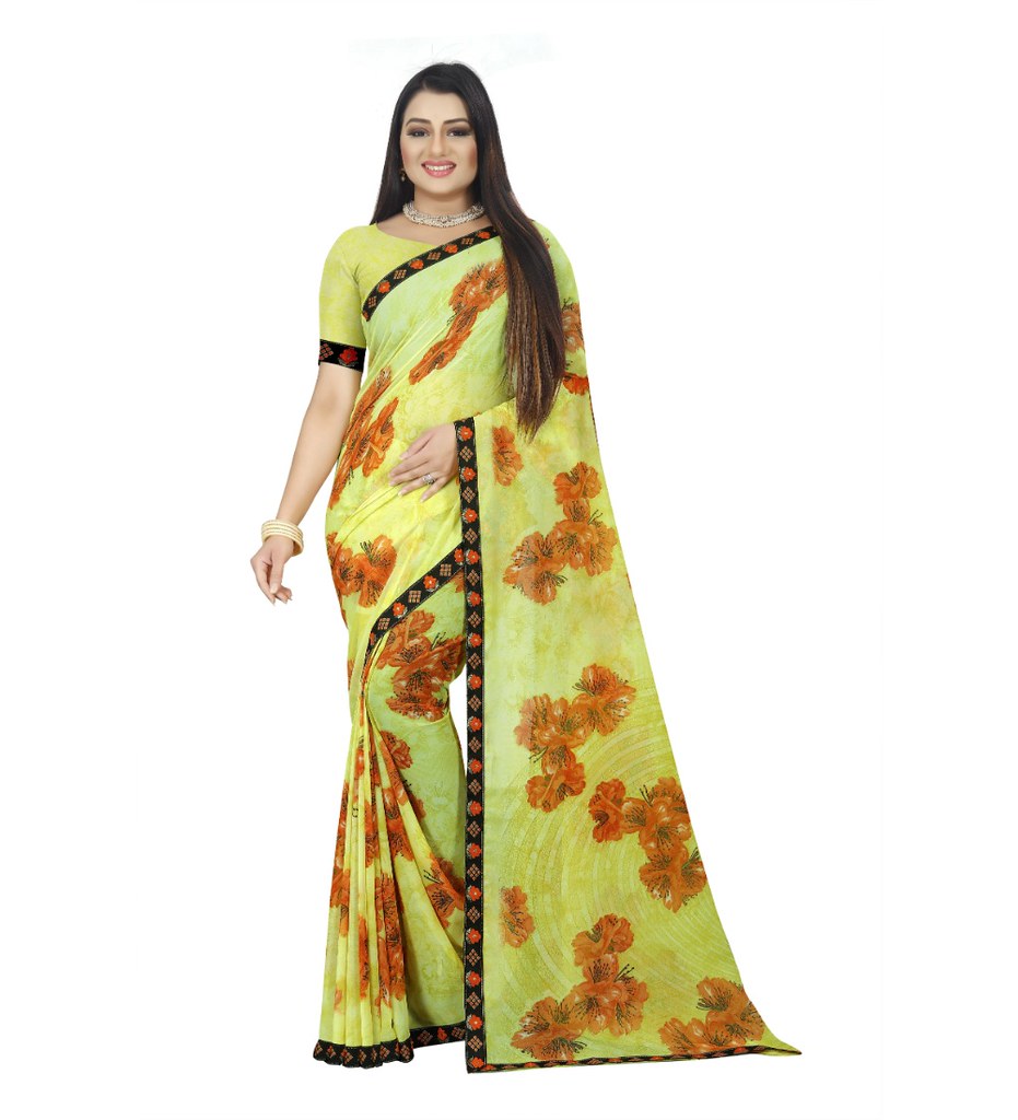 Women's Georgette Floral Print Saree With Unstitched Blouse 5.5Mtr (Brown-Mustard)