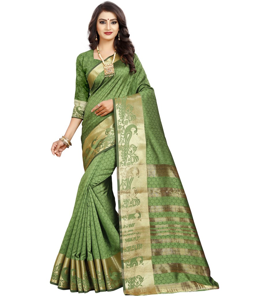 Women's Jacquard Woven Saree With Unstitched Blouse 5.5Mtr (Green)