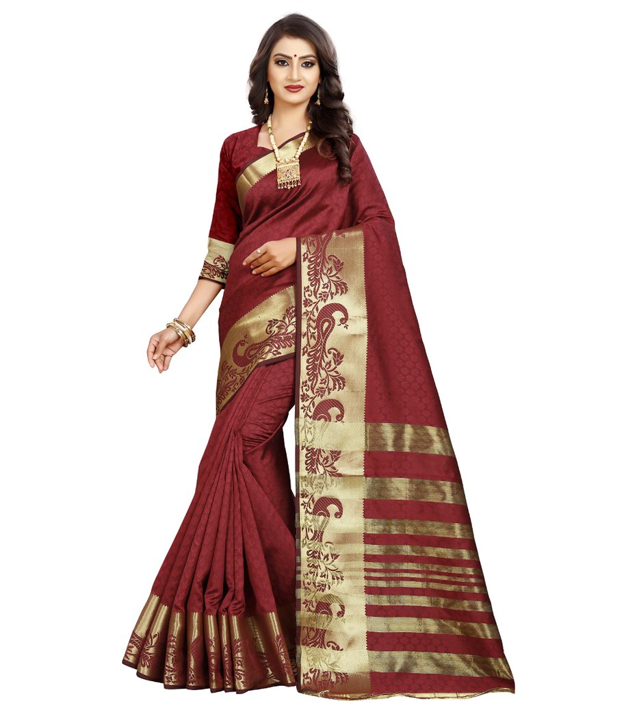 Women's Jacquard Woven Saree With Unstitched Blouse 5.5Mtr (Maroon)