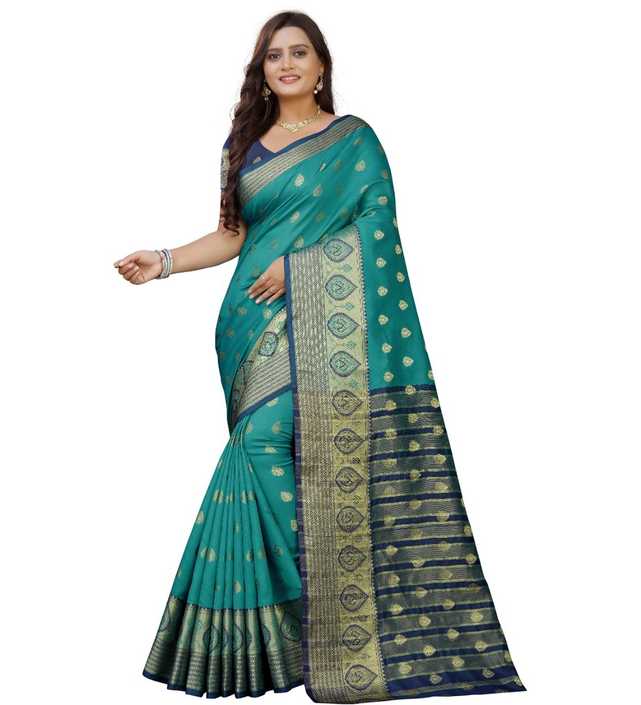 Women's Silk Blend Woven Saree With Unstitched Blouse 5.5Mtr (Dark Blue-Green)