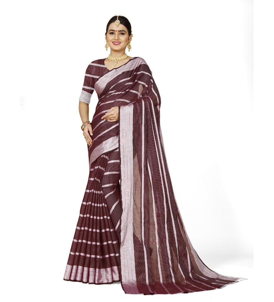 Women's Cotton Silk Striped Saree With Unstitched Blouse 5.5Mtr (Maroon)