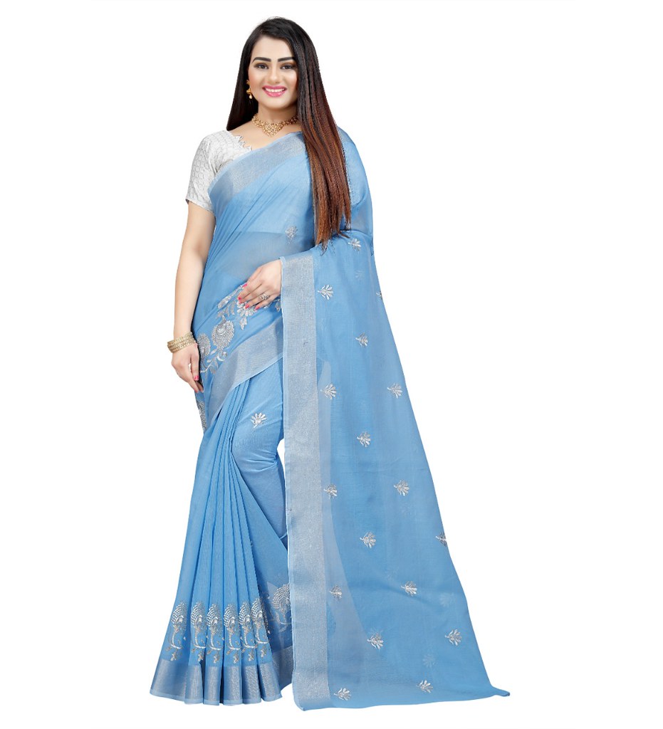 Women's Cotton Silk Embroidered Saree With Unstitched Blouse 5.5Mtr (Light Blue)