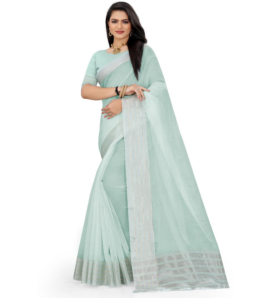 Women's Cotton Jute Self Design Saree With Unstitched Blouse 5.5Mtr (Sky Blue)