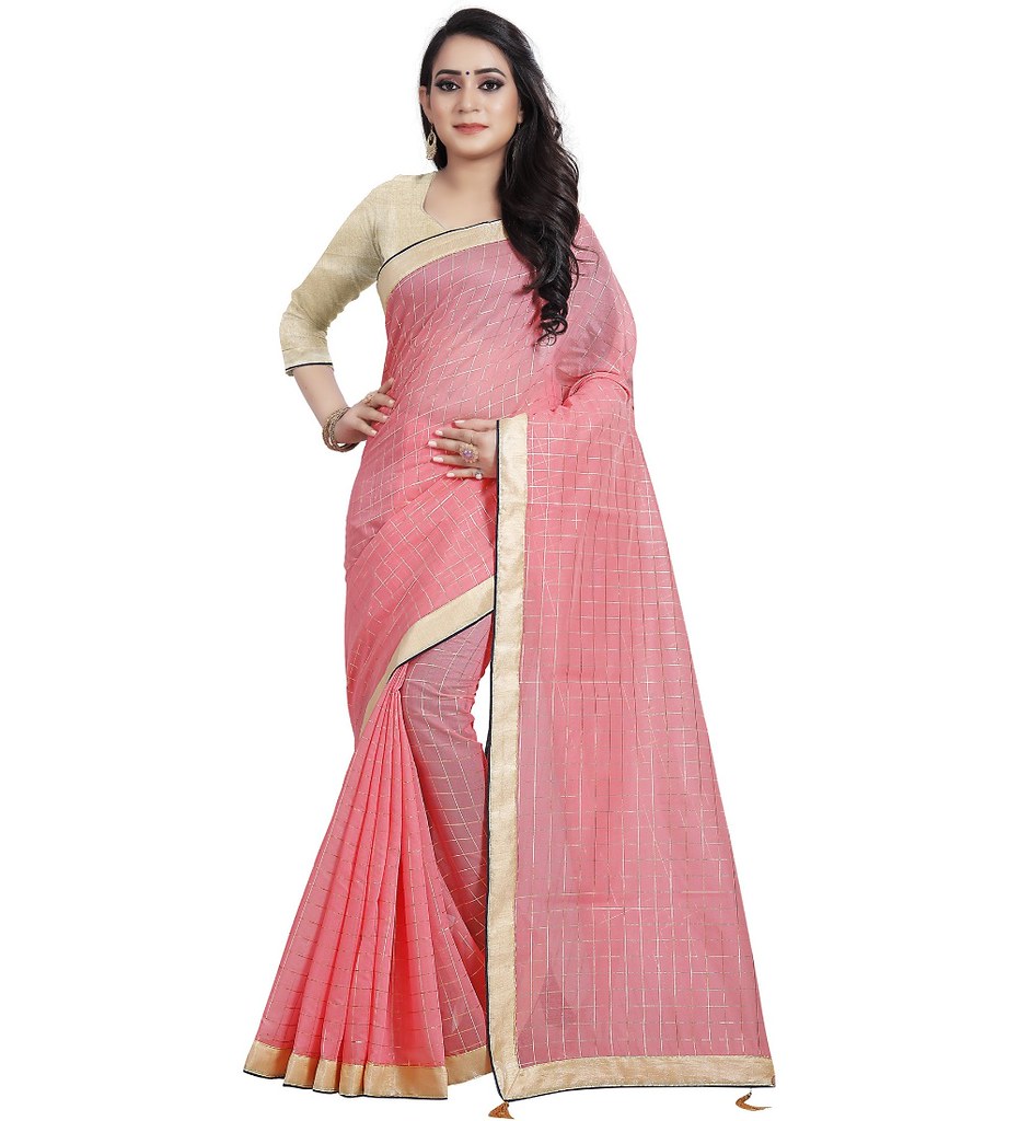 Women's Cotton Silk Checkered Saree With Unstitched Blouse 5.5Mtr (Pink)