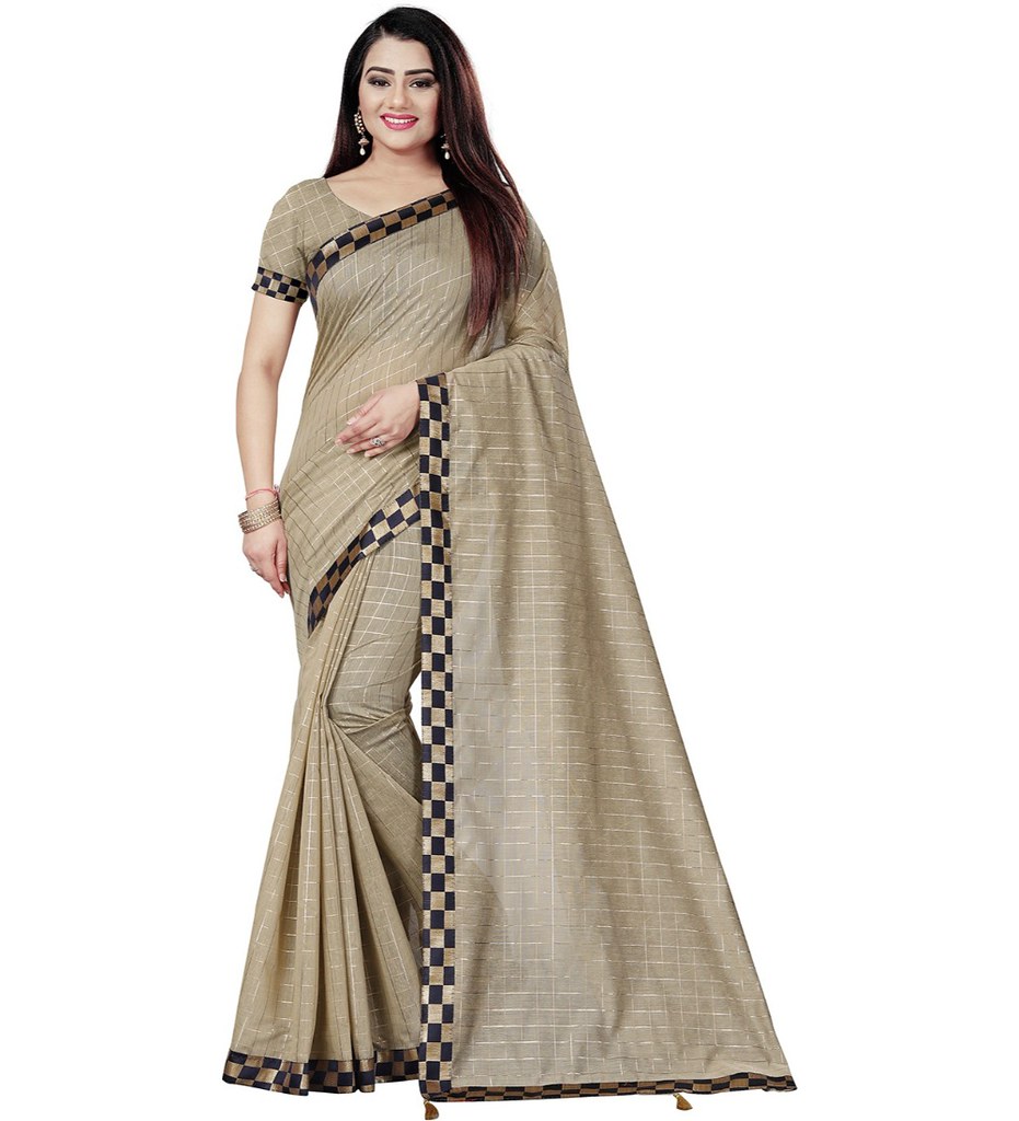 Women's Cotton Silk Checkered Saree With Unstitched Blouse 5.5Mtr (Cream)