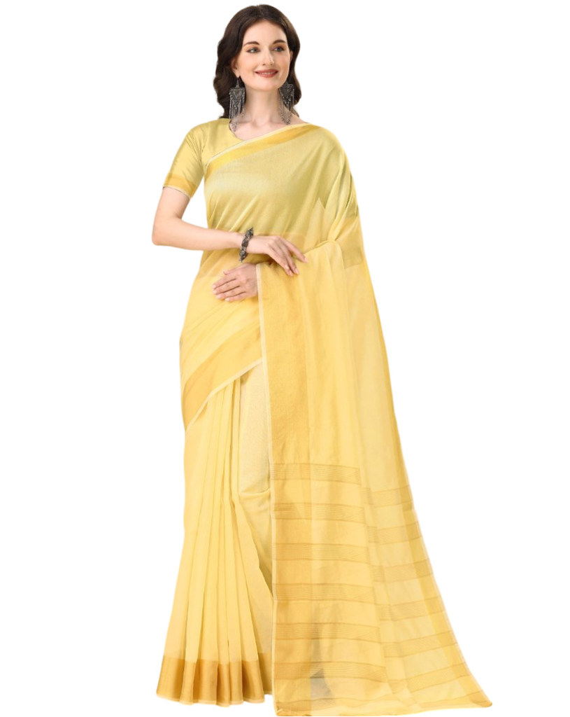 Women's Cotton Silk Striped Saree With Unstitched Blouse 5.5Mtr (Yellow)