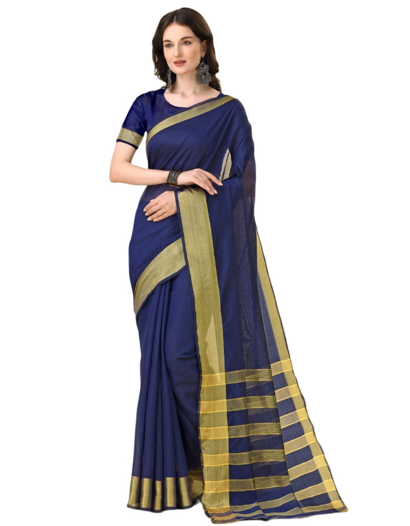 Women's Cotton Silk Striped Saree With Unstitched Blouse 5.5Mtr (Dark Blue)