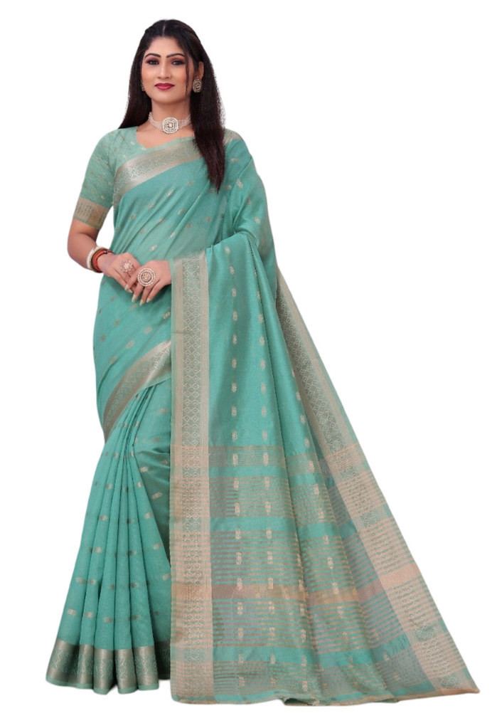 Women's Silk Blend Woven Saree With Unstitched Blouse 5.5Mtr (Dark Green)