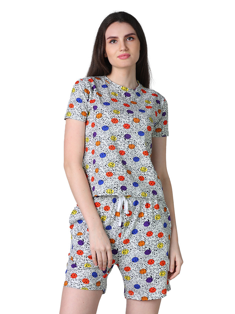 Women's Cotton Blended Printed Round Neck Half Sleeve Top - Shorts Set (Grey)