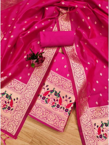  Women's Banarasi Silk Printed Unstitched Salwar Suit Material With Dupatta (Pink, 3Mtrs) 