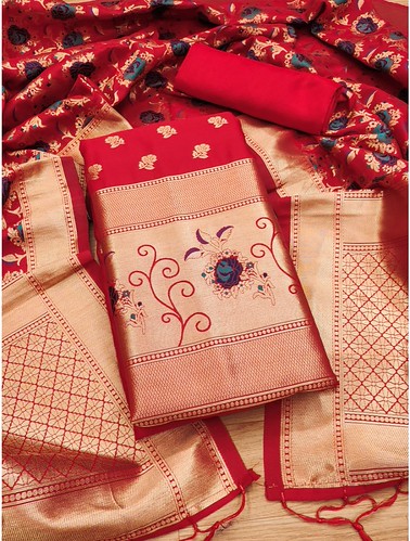  Women's Banarasi Silk Printed Unstitched Salwar Suit Material With Dupatta (Red, 3Mtrs) 