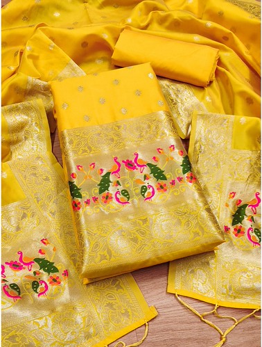  Women's Banarasi Silk Printed Unstitched Salwar Suit Material With Dupatta (Yellow, 3Mtrs) 
