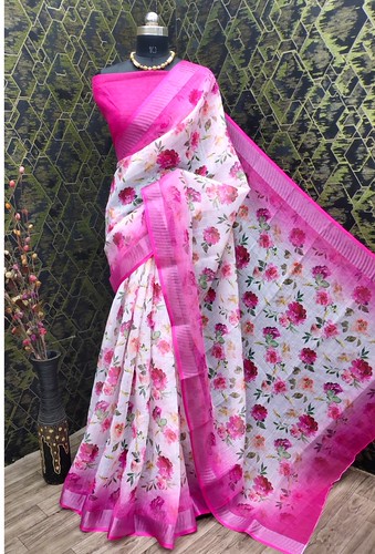  Women's Cotton Linen Woven Design Saree With Unstitched Blouse 5.5Mtr (Pink) 