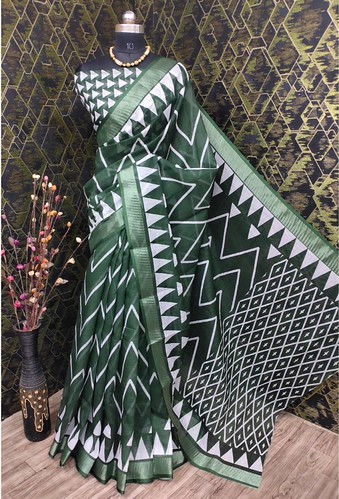  Women's Cotton Linen Woven Design Saree With Unstitched Blouse 5.5Mtr (Green) 