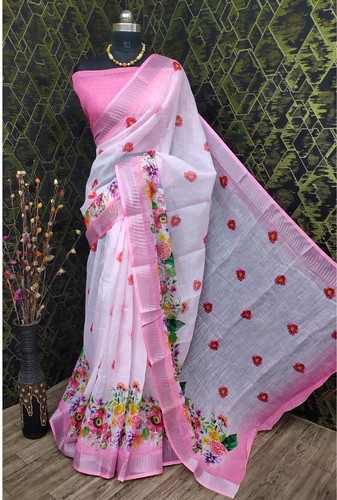  Women's Cotton Linen Woven Design Saree With Unstitched Blouse 5.5Mtr (Pink) 