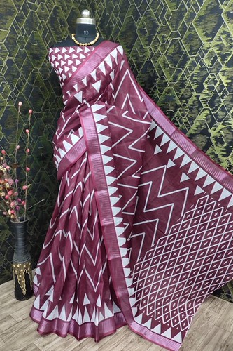  Women's Cotton Linen Woven Design Saree With Unstitched Blouse 5.5Mtr (Maroon) 