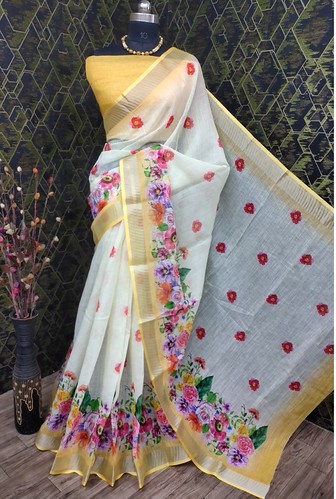  Women's Cotton Linen Woven Design Saree With Unstitched Blouse 5.5Mtr (Yellow) 
