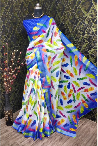  Women's Cotton Linen Woven Design Saree With Unstitched Blouse 5.5Mtr (Blue) 