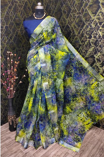  Women's Cotton Linen Woven Design Saree With Unstitched Blouse 5.5Mtr (Blue) 