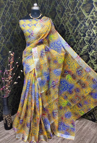  Women's Cotton Linen Woven Design Saree With Unstitched Blouse 5.5Mtr (Yellow) 