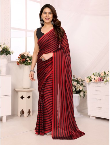 Women's Black Berry Striped Ready-to-Wear Saree With Unstitched Blouse 5.5 Mtr (Red-Black) 