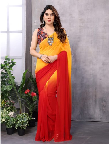  Women's Small Lace Georgette Solid Ready-to-Wear Saree With Unstitched Blouse 5.5 Mtr (Red-Orange) 