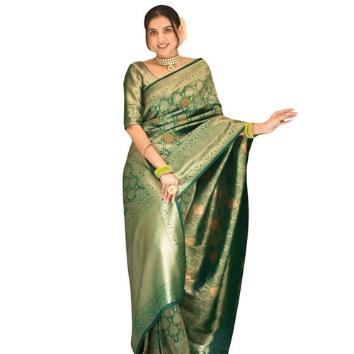  Women's Silk Printed Saree With Unstitched Blouse 5.5Mtr (Green) 