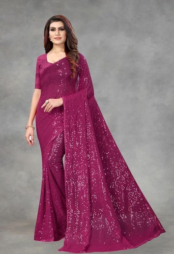  Women's Georgette Embellished Sequnece Bollywood Saree With Unstitched Blouse 5.5Mtr (Purple) 