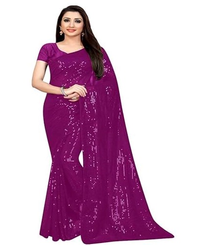  Women's Georgette Embellished Sequnece Bollywood Saree With Unstitched Blouse 5.5Mtr (Purple) 
